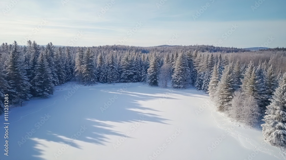 Aerial view of snowy winter forest with beautiful snow-laden trees, Earltown, Canada. Aerial view of snowy winter forest with beautiful snow-laden trees, Earltown, Canada.