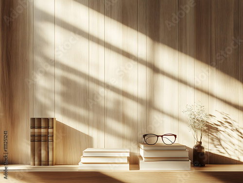 3d render of light effect brown wooden background with eyeglasses and history books photo