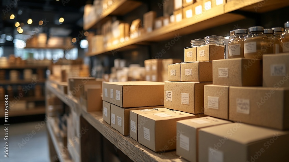 Cardboard boxes and jars on wooden shelves in a store. Cardboard boxes and jars on wooden shelves in a store.