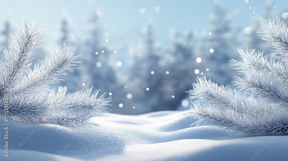 Beautiful winter background image of frosted spruce branches and small drifts of pure snow with bokeh Christmas lights and space for text. Beautiful winter background image of frosted spruce branches and small drifts of pure snow with bokeh Christmas lights and space for text.