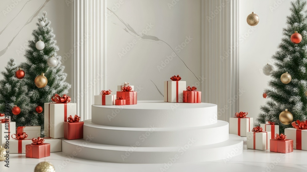 Central empty 3D podium surrounded by last-minute Christmas gifts with express delivery options. The scene includes holiday decor, wrapped presents, and a sense of urgency Central empty 3D podium surrounded by last-minute Christmas gifts with express delivery options. The scene includes holiday decor, wrapped presents, and a sense of urgency