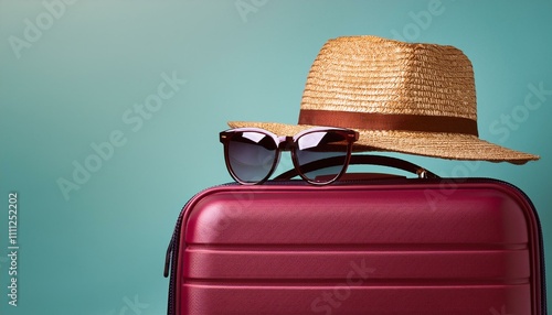 Maroon colorful travel bag with straw hat and sunglasses, copy space photo