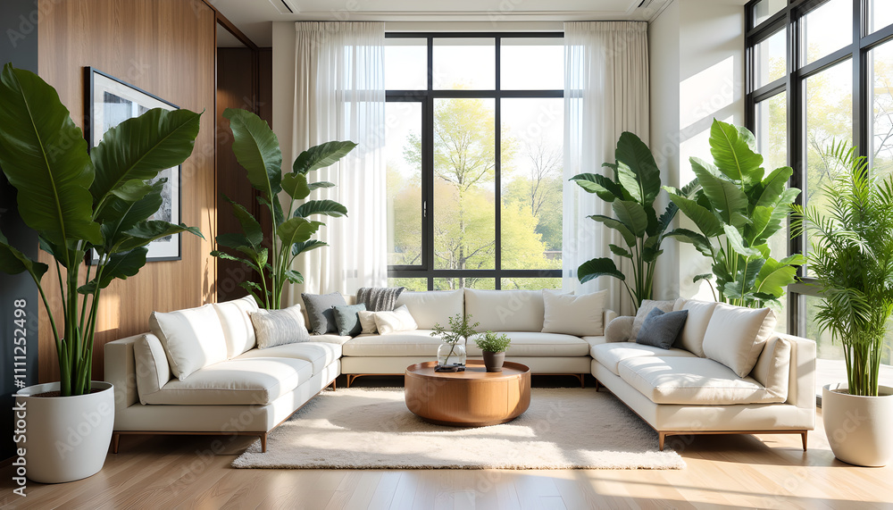 Bright living room with large windows and indoor plants Bright living room with large windows and indoor plants