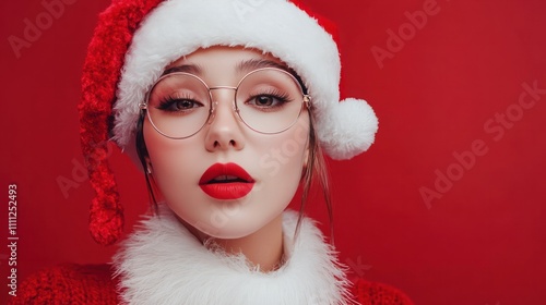 Choose winter season sales Close up photo of cool stylish trendy santa indicate discount shopping bargain wear eyeglasses eyewear cap hat isolated over red background photo