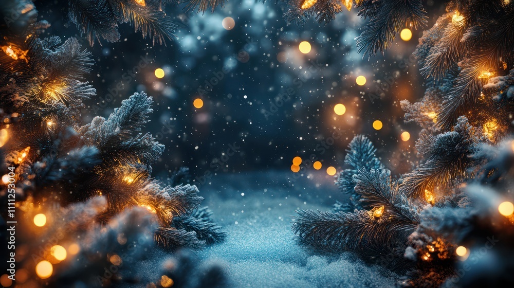 Christmas background. Xmas tree with snow decorated with garland lights, holiday festive background. Widescreen frame backdrop. New year Winter art design, Christmas scene wide screen holiday border Christmas background. Xmas tree with snow decorated with garland lights, holiday festive background. Widescreen frame backdrop. New year Winter art design, Christmas scene wide screen holiday border