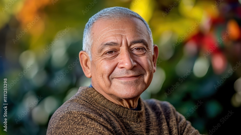 Portrait of a cheerful elderly man with a warm smile, wearing a sweater, set against a vibrant, multicolored backdrop. Portrait of a cheerful elderly man with a warm smile, wearing a sweater, set against a vibrant, multicolored backdrop.