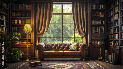 A vintage-style reading lounge with dark wooden shelves filled with old books, a leather Chesterfield sofa, a Persian rug, a golden table lamp casting warm light, and a large window framed by heavy ve photo