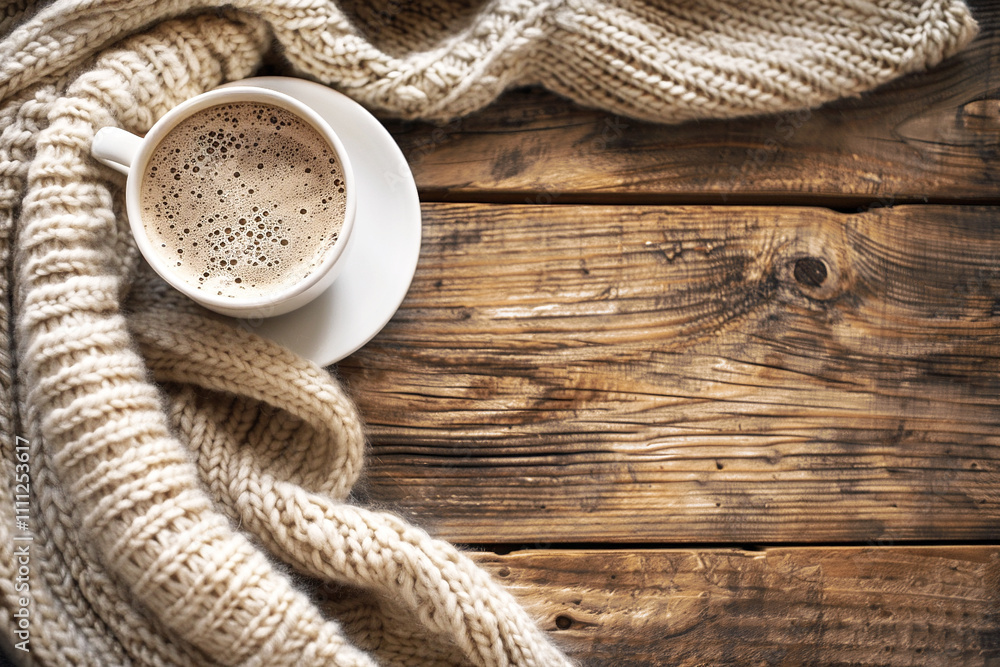 Warm coffee cup on a wooden table wrapped in a cozy knitted scarf during a chilly morning. Warm coffee cup on a wooden table wrapped in a cozy knitted scarf during a chilly morning.
