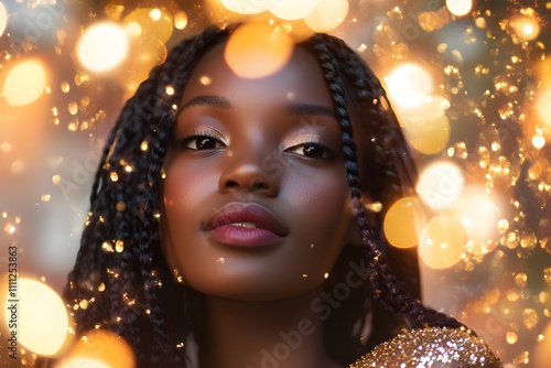 portrait of a Black woman in a festive celebration wearing a glittering dress with glowing bokeh lights and elegant earrings