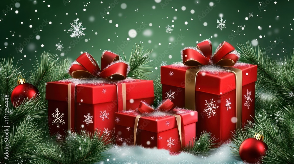 christmas gifts on green background with fir branches and snowflakes christmas gifts on green background with fir branches and snowflakes