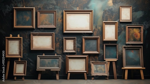 Gallery wall filled with empty wooden picture frames. Display art pieces. Different sizes, styles. Dark walls. Retro. Vintage. Gallery. Illustration. Art exhibition. Museum. Decor. Home decor.