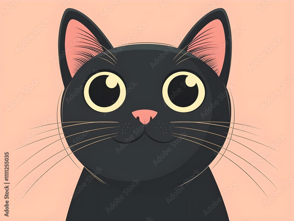 Black cat with cute eyes featuring a simple art style on a pastel pink background Black cat with cute eyes featuring a simple art style on a pastel pink background