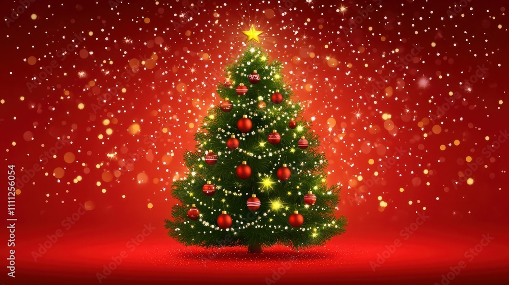 Christmas Tree With Ornament And Bokeh Lights In Red Background Christmas Tree With Ornament And Bokeh Lights In Red Background
