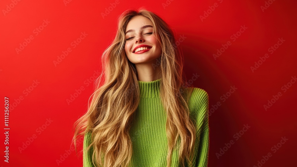 Happy young Slavic woman with long blonde hair in bright green sweater standing against solid red background Happy young Slavic woman with long blonde hair in bright green sweater standing against solid red background