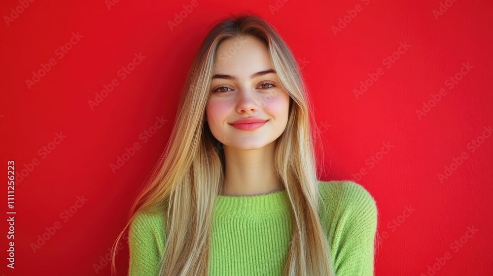 Fototapeta premium Happy young Slavic woman with long blonde hair in bright green sweater standing against solid red background