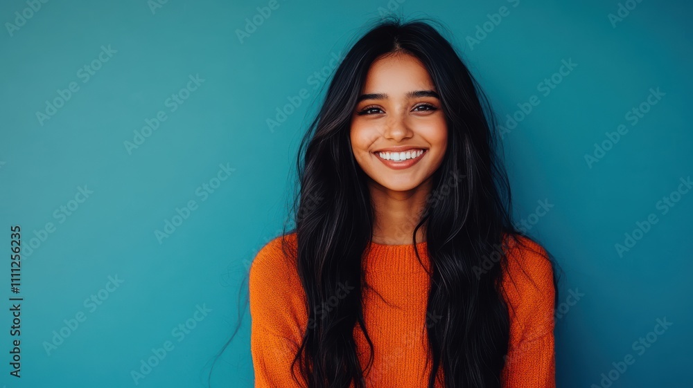 Happy young South Asian woman with long black hair in bright orange sweater standing against solid blue background Happy young South Asian woman with long black hair in bright orange sweater standing against solid blue background