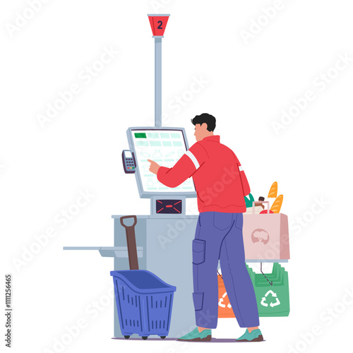 Young man customer cartoon character making purchases with automatic retail self-checkout service