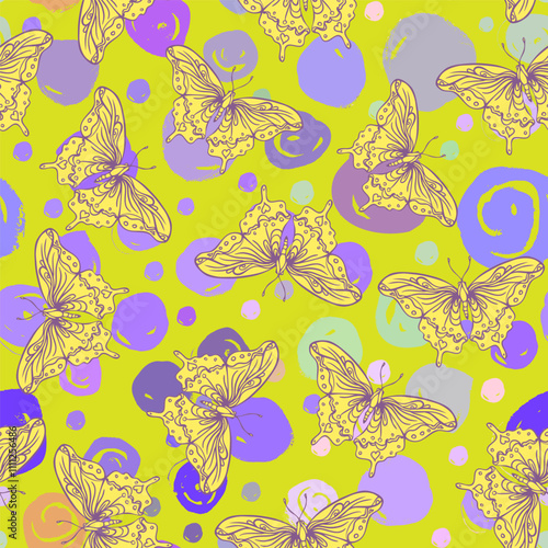 Seamless pattern with butterflies on black background. Highly detailed repeti...