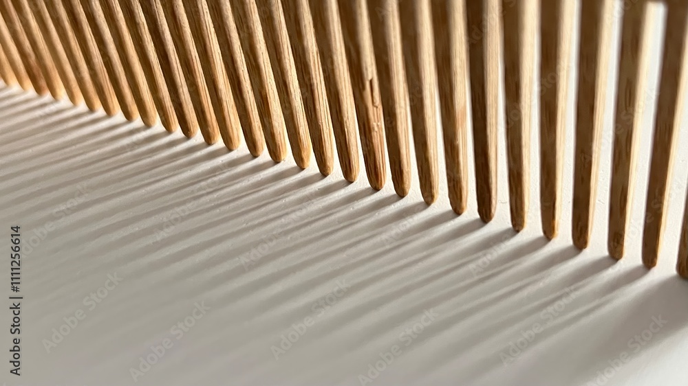 Close up image of a wooden comb resting on a white surface with dramatic shadows cast by natural light. Close up image of a wooden comb resting on a white surface with dramatic shadows cast by natural light.