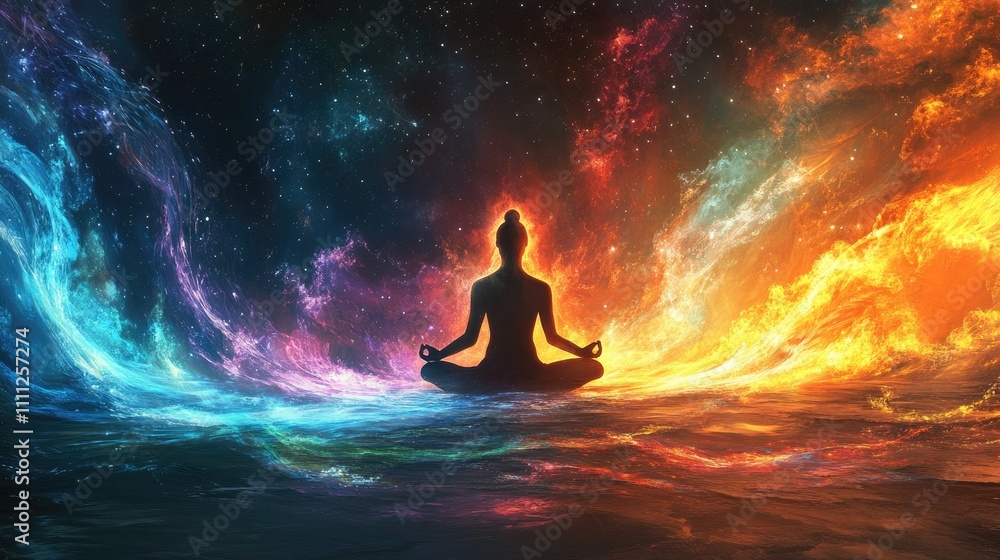 Meditative Figure in Cosmic Energy Flow with Vibrant Colors of Fire and Water in a Mystical Universe Meditative Figure in Cosmic Energy Flow with Vibrant Colors of Fire and Water in a Mystical Universe