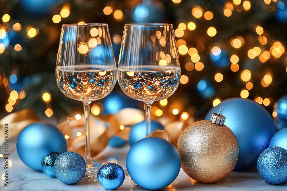 Elegant Holiday Table with Wine Glasses and Blue Baubles. A festive setting featuring two wine glasses reflecting golden lights, surrounded by blue and gold ornaments.
Elegant Holiday Table with Wine Glasses and Blue Baubles. A festive setting featuring two wine glasses reflecting golden lights, surrounded by blue and gold ornaments.