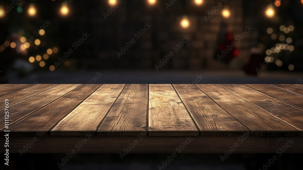 Empty wooden table with christmas theme in background Empty wooden table with christmas theme in background