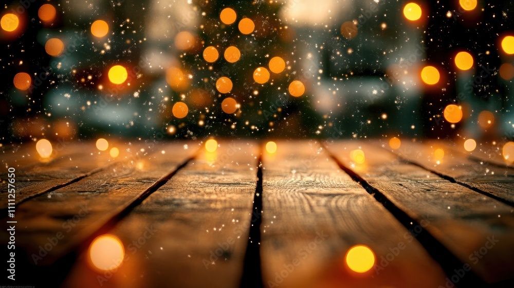 Empty woooden table top with abstract warm living room decor with christmas tree string light blur background with snow,Holiday backdrop,Mock up banner for display of advertise product. Empty woooden table top with abstract warm living room decor with christmas tree string light blur background with snow,Holiday backdrop,Mock up banner for display of advertise product.