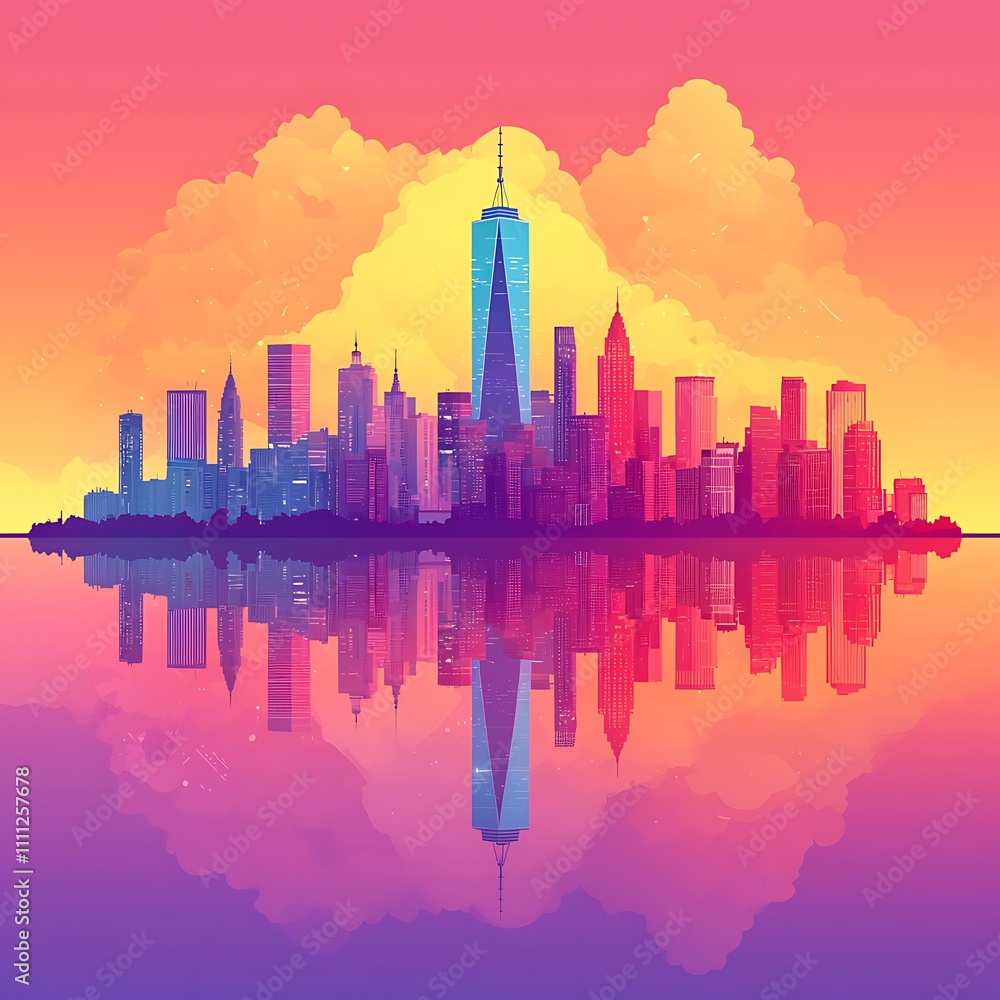 Fototapeta premium Vibrant sunset cityscape reflected in calm water.