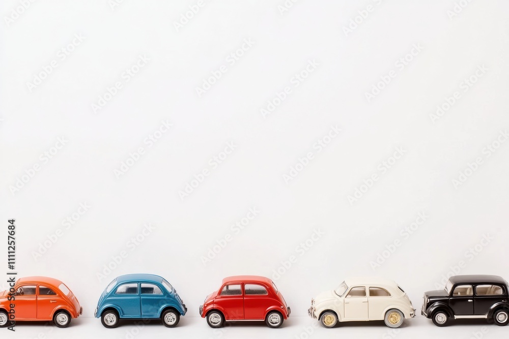 Fototapeta premium Small car models in vibrant colors are strategically arranged on a clean white background, offering ample space for text or designs. Generative AI