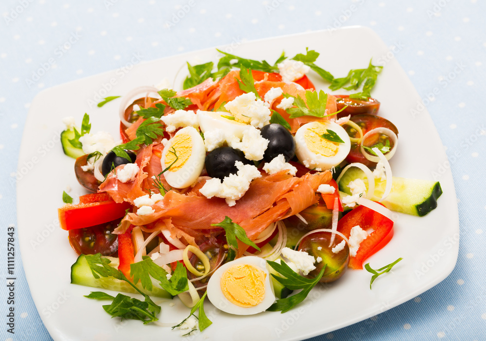 Salad with salmon, fresh tomato, cucumber and quail eggs, Bulgarian Shepherd's salad Salad with salmon, fresh tomato, cucumber and quail eggs, Bulgarian Shepherd's salad