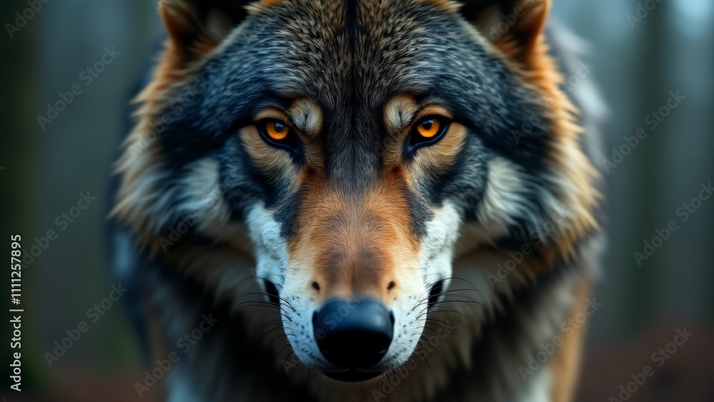 Fototapeta premium A close-up of a wolf's face, focusing on its piercing eyes and textured fur, reflecting strength and intelligence.