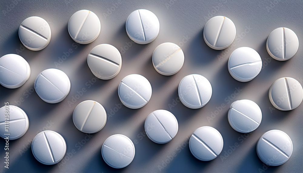Several round tablets are neatly spread out on a flat surface. Several round tablets are neatly spread out on a flat surface.