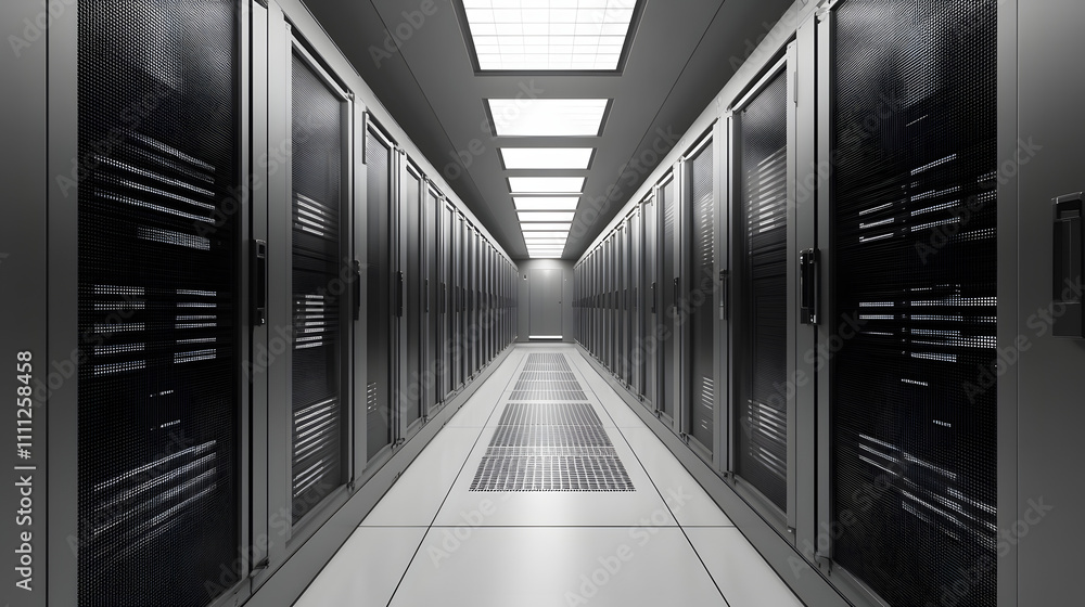 Inside Large Data Center. Advanced Cloud Computing Concept. Corridor with Server Racks and Cabinets full of Hard Drives
Inside Large Data Center. Advanced Cloud Computing Concept. Corridor with Server Racks and Cabinets full of Hard Drives