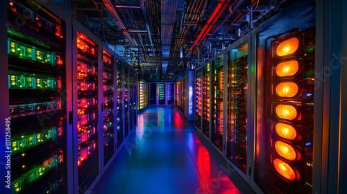  Inside Large Data Center. Advanced Cloud Computing Concept. Corridor with Server Racks and Cabinets full of Hard Drives