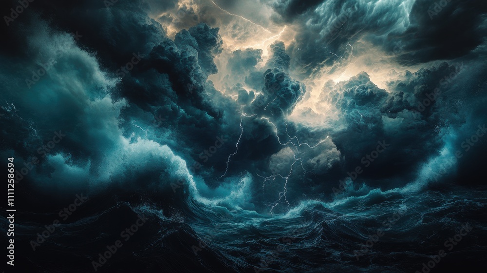 Dramatic Stormy Ocean Scene with Dark Clouds, Lightning Strikes, and Turbulent Waves Illustrating Nature's Power and Raw Energy Dramatic Stormy Ocean Scene with Dark Clouds, Lightning Strikes, and Turbulent Waves Illustrating Nature's Power and Raw Energy