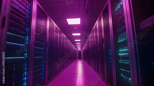  Inside Large Data Center. Advanced Cloud Computing Concept. Corridor with Server Racks and Cabinets full of Hard Drives