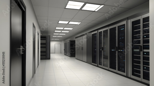  Inside Large Data Center. Advanced Cloud Computing Concept. Corridor with Server Racks and Cabinets full of Hard Drives