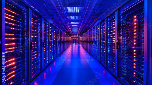  Inside Large Data Center. Advanced Cloud Computing Concept. Corridor with Server Racks and Cabinets full of Hard Drives
