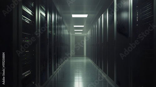  Inside Large Data Center. Advanced Cloud Computing Concept. Corridor with Server Racks and Cabinets full of Hard Drives