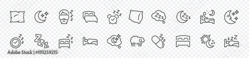 Set of Sleep Related Vector Line Icons. Contains such Icons as Insomnia, Pillow, Sleeping Pills and more. Editable Stroke.