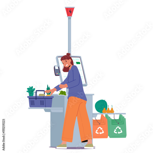 Young woman customer cartoon character buying fresh food at automated checkout in supermarket