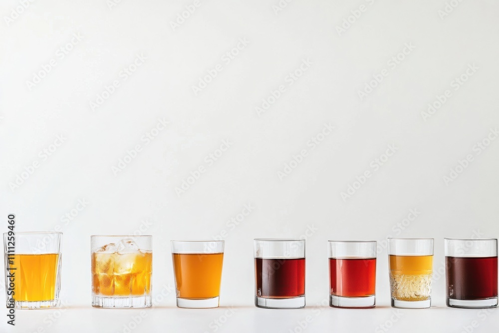 Glasses filled with colorful drinks like juice, tea, and soda are neatly arranged on a white background, leaving ample space to add text. Generative AI Glasses filled with colorful drinks like juice, tea, and soda are neatly arranged on a white background, leaving ample space to add text. Generative AI
