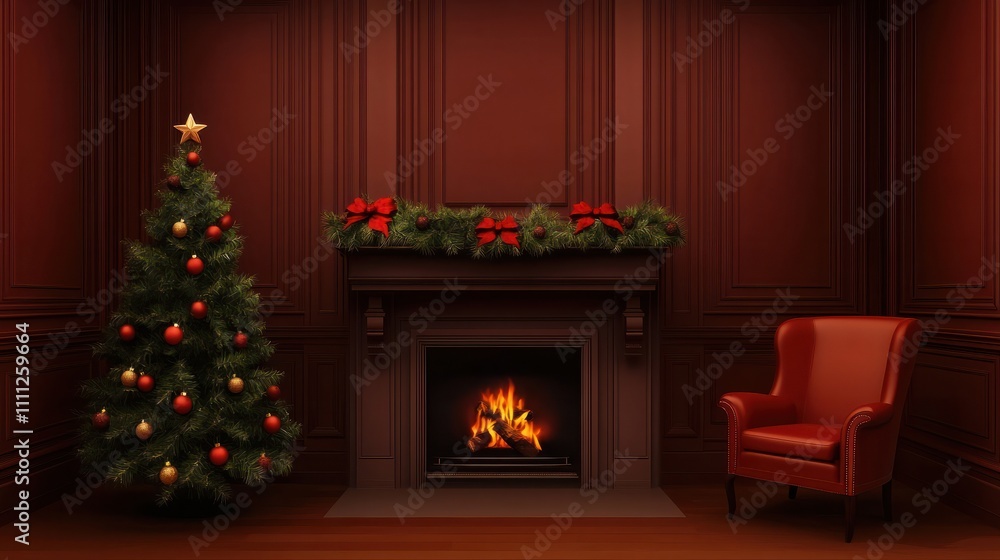 Holiday able with christmas tree and fireplace. with copy space Holiday able with christmas tree and fireplace. with copy space