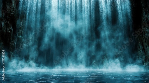 Majestic Waterfall Cascade Flowing Down Rocky Cliff with Mist and Fog Creating a Serene Landscape in a Lush Green Environment