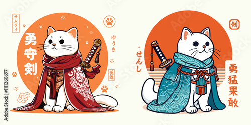 Samurai Cats in Traditional Japanese Attire, Brave and Fierce Samurai Cats with Swords