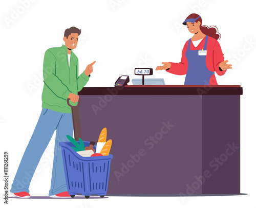 Man customer quarreling with cashier at supermarket due to broken connection with pos terminal