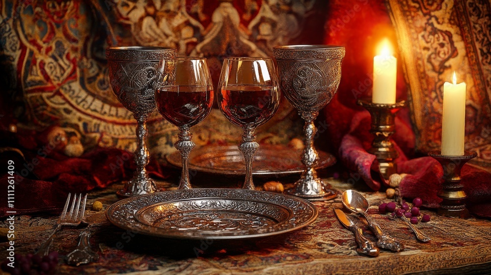 Fototapeta premium Photorealistic medieval dinner scene with ornate silverware and candlelight ambiance