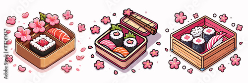 Traditional Japanese Beautiful Bento Box with Sushi and Cherry Blossoms