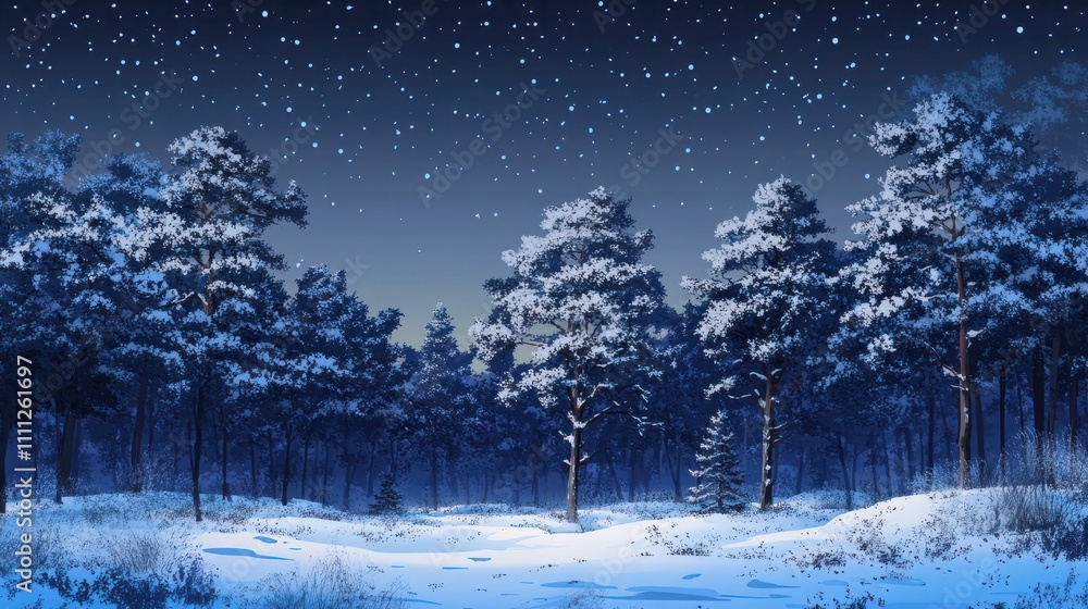 Fototapeta premium Pine trees covered with snow on frosty evening. Beautiful winter panorama