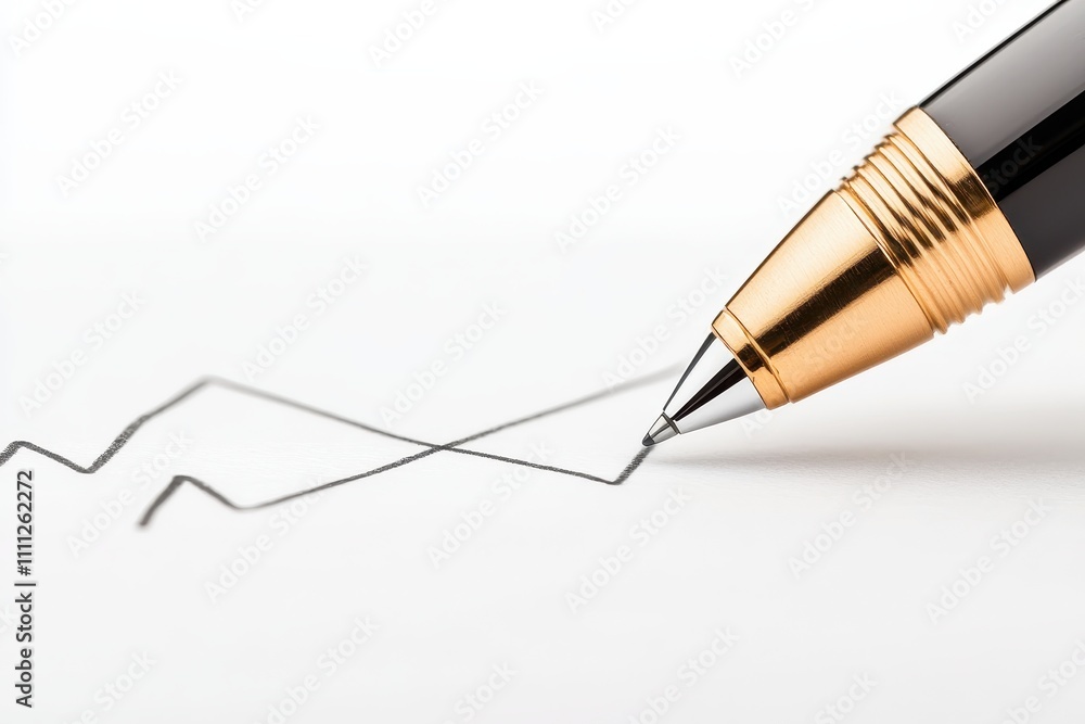 Fototapeta premium Pen write paper chart concept. Close-up of a pen creating a zigzag line on white paper.